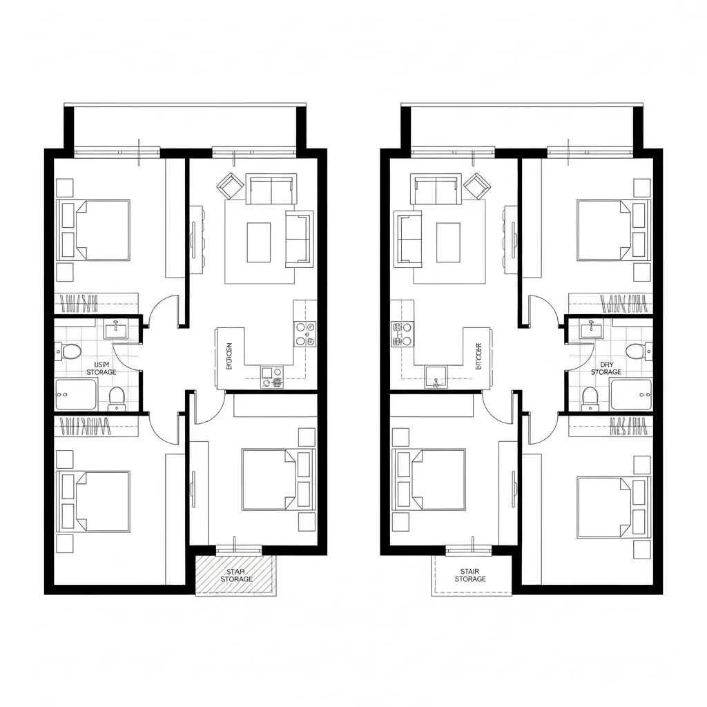 Two identical apartment layouts side by side with bedrooms living areas kitchens and small storage rooms