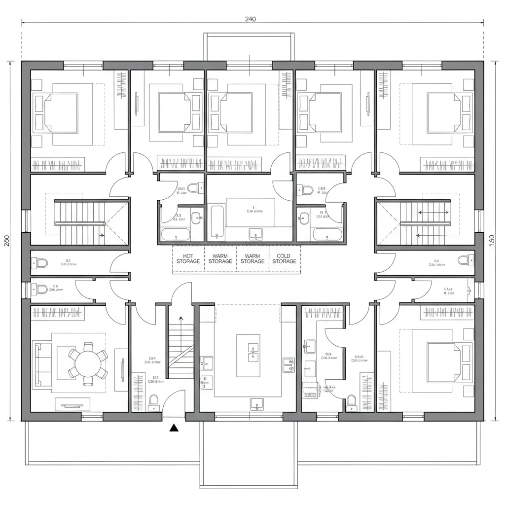 Top-down CAD plan of two duplexes flanking three flats