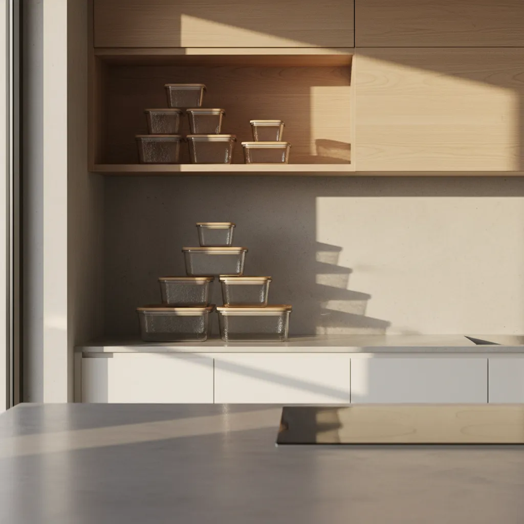 stacked glass food storage containers neatly organized in a kitchen cabinet