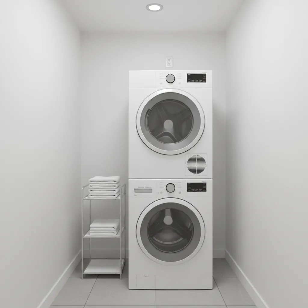 Stacked washer dryer with outlet positioned above for accessibility