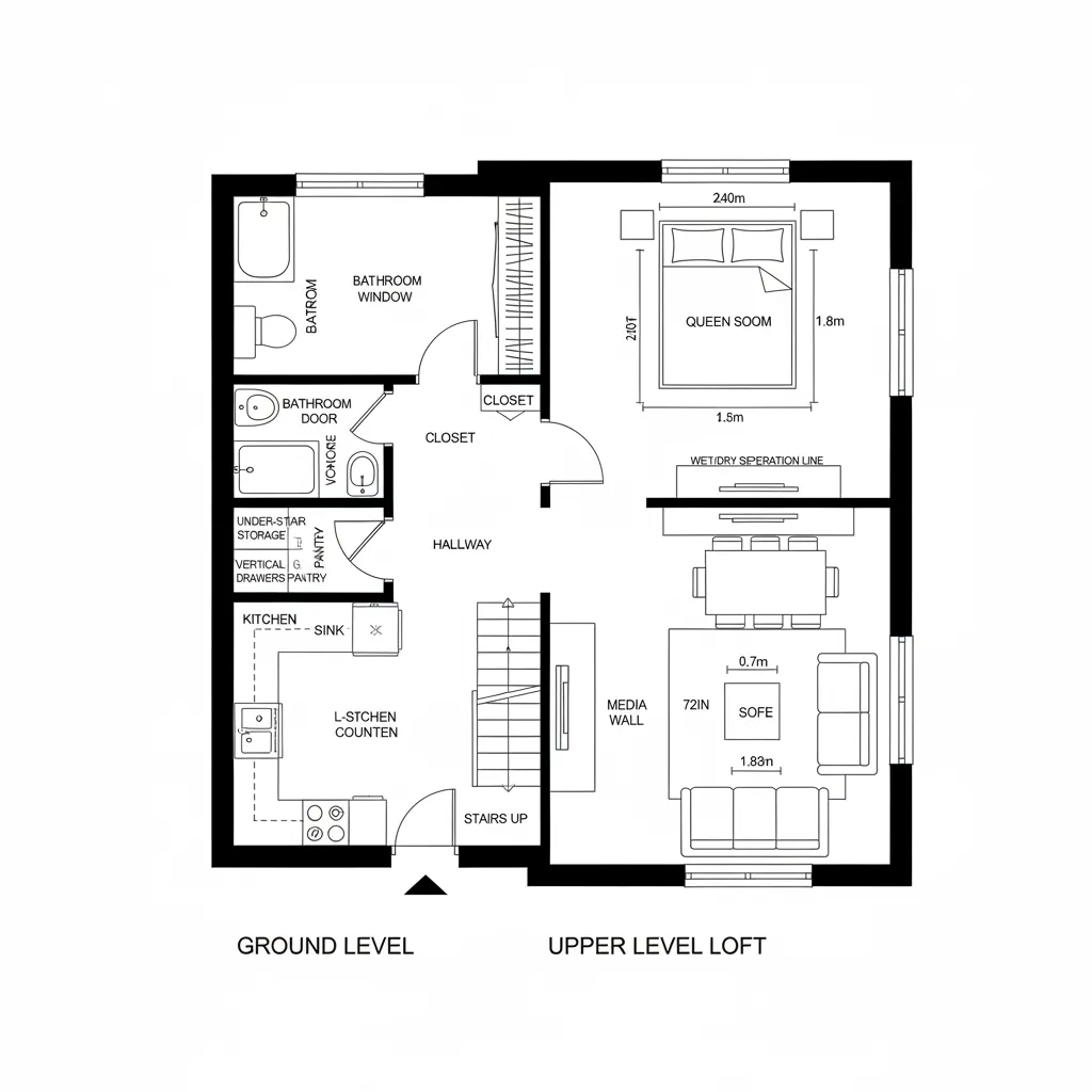Top-down CAD plan of stacked loft core with open living and loft bedroom