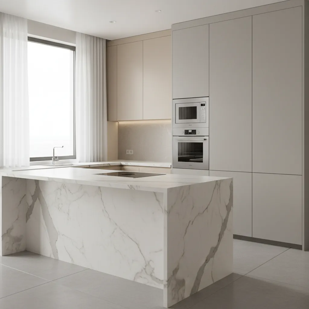 Kitchen with stacked built in oven and microwave inside tall cabinet