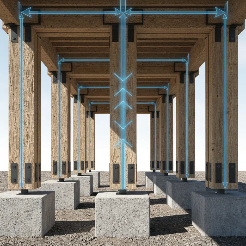 Structural column placement under stacked porch beams connected to concrete footings