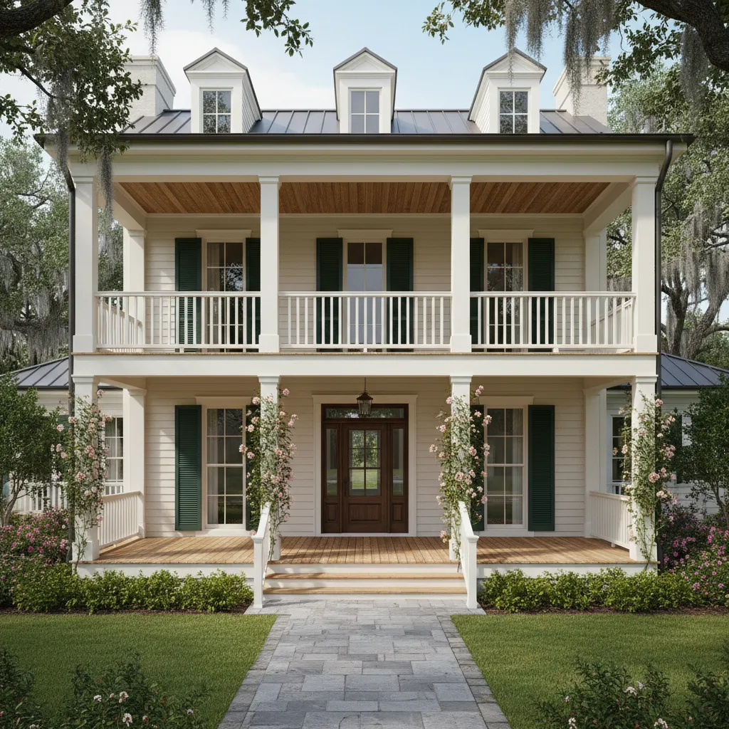 Front view of a home with stacked porches showing upper and lower outdoor living spaces