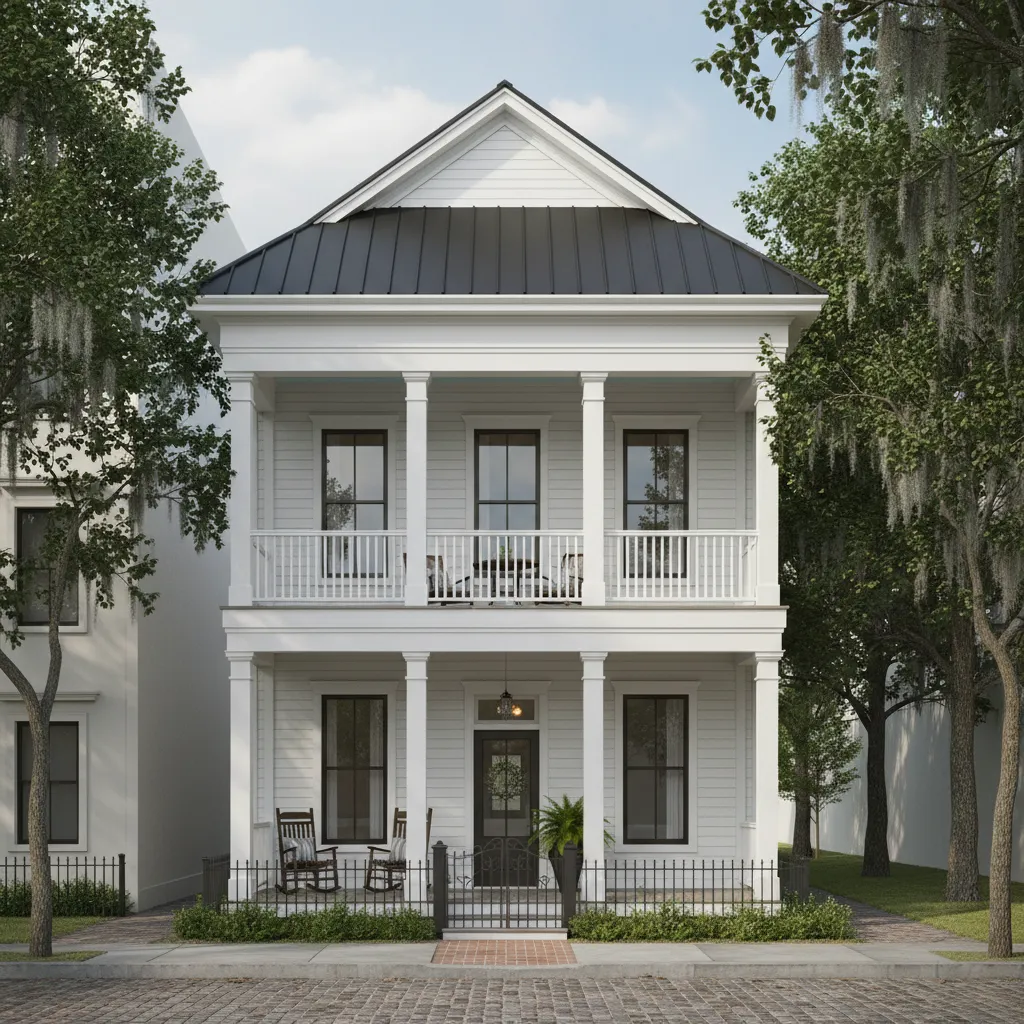 narrow urban home with stacked porches on two levels