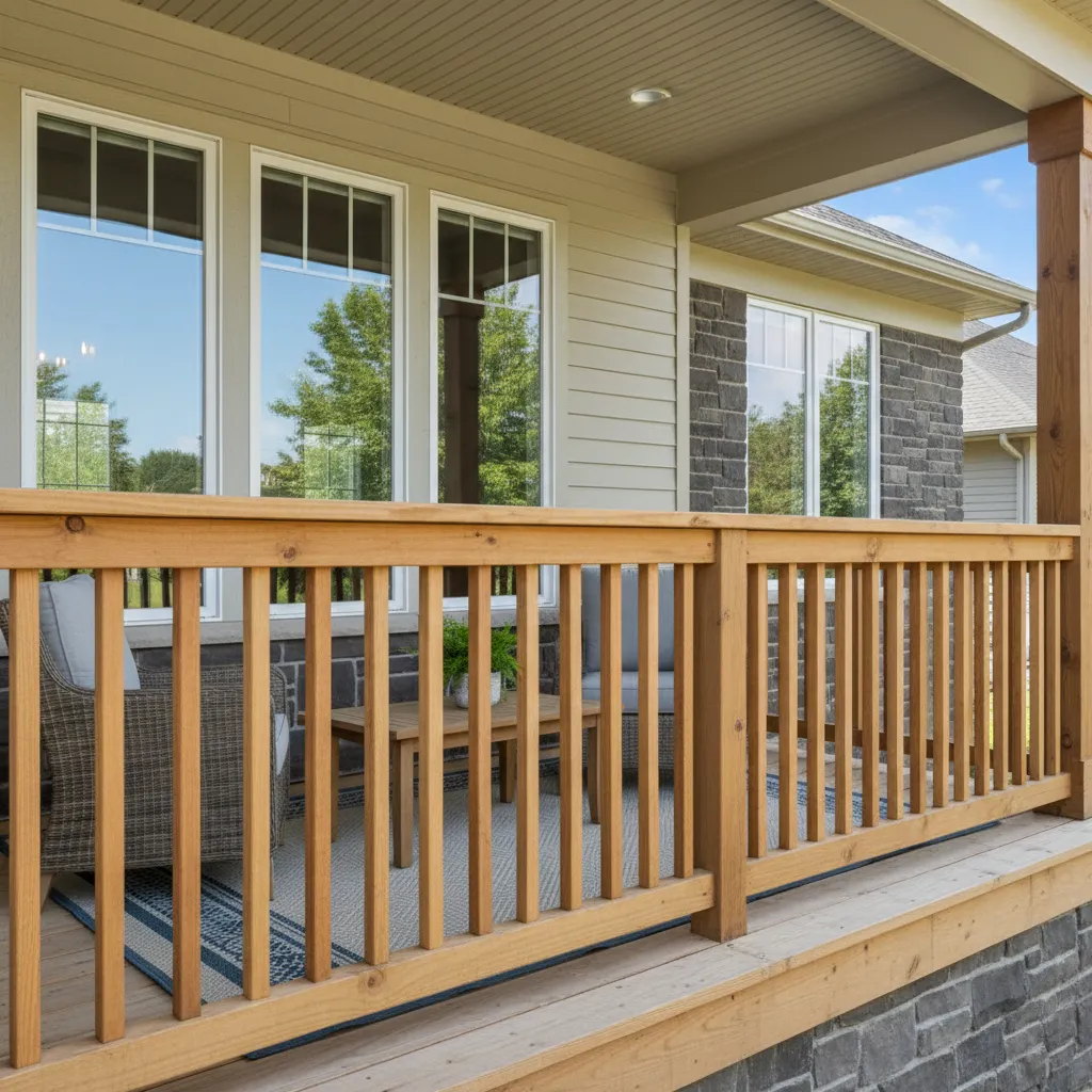 upper level porch with compliant guardrail height and baluster spacing