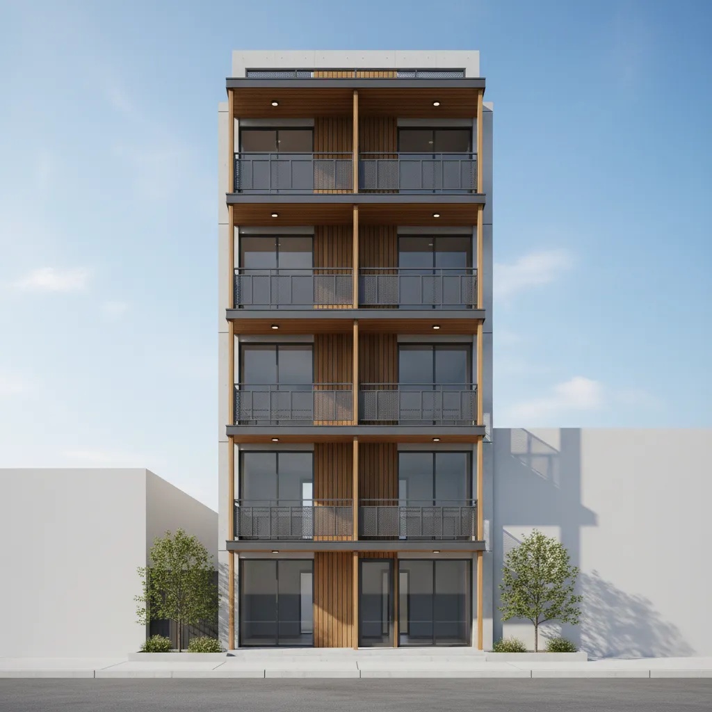 Narrow lot house using stacked porch balconies to maximize outdoor space