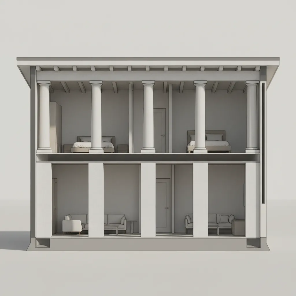 diagram style render showing vertical alignment of stacked porch columns and beams