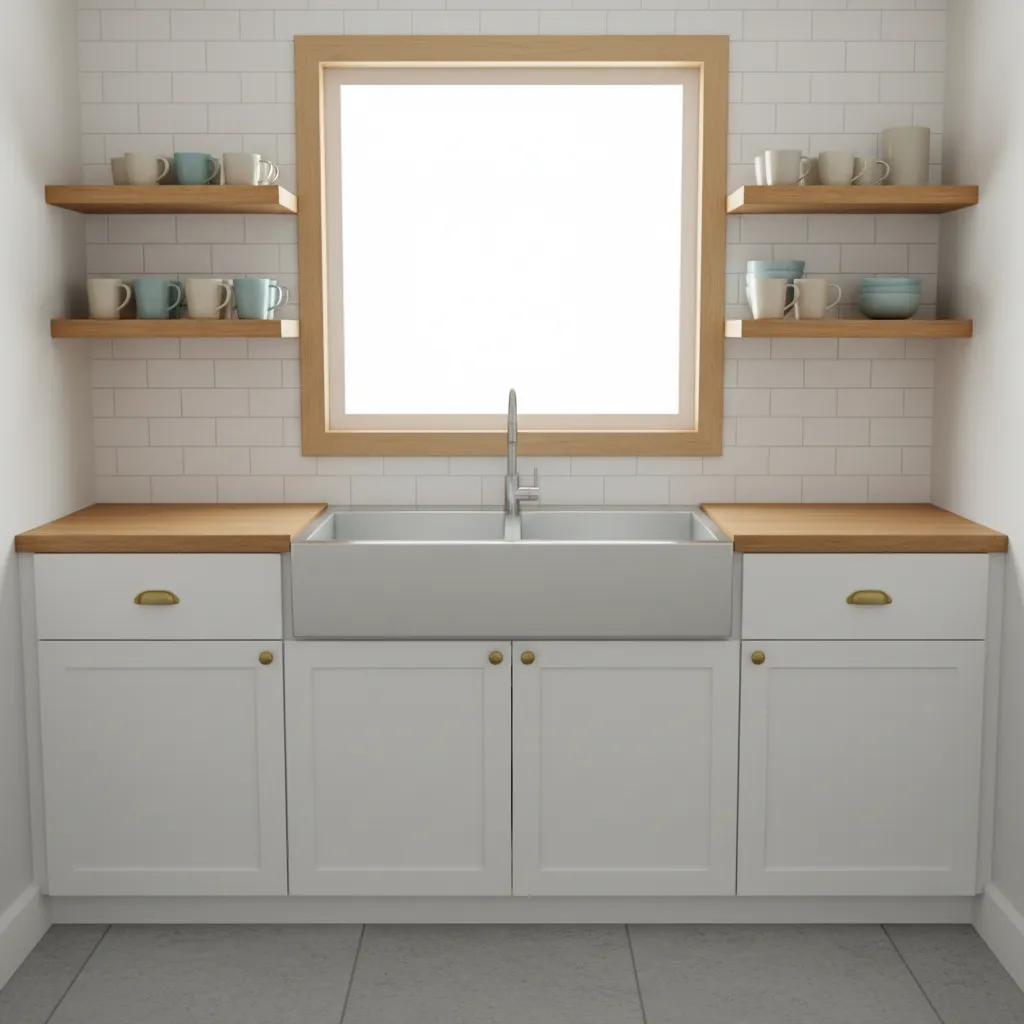two stacked narrow shelves above sink storing mugs and bowls