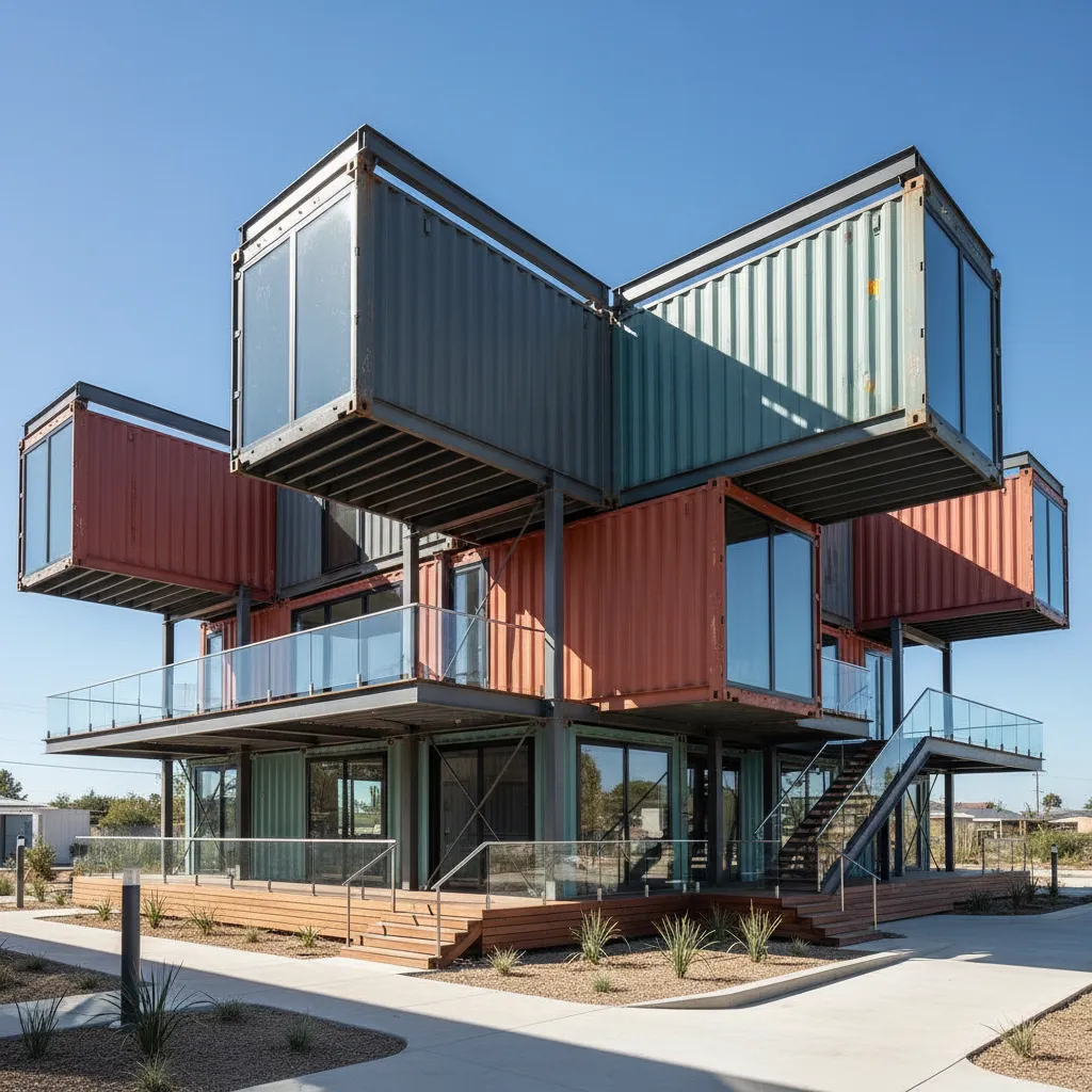 Stacked shipping containers forming a modern multi level house