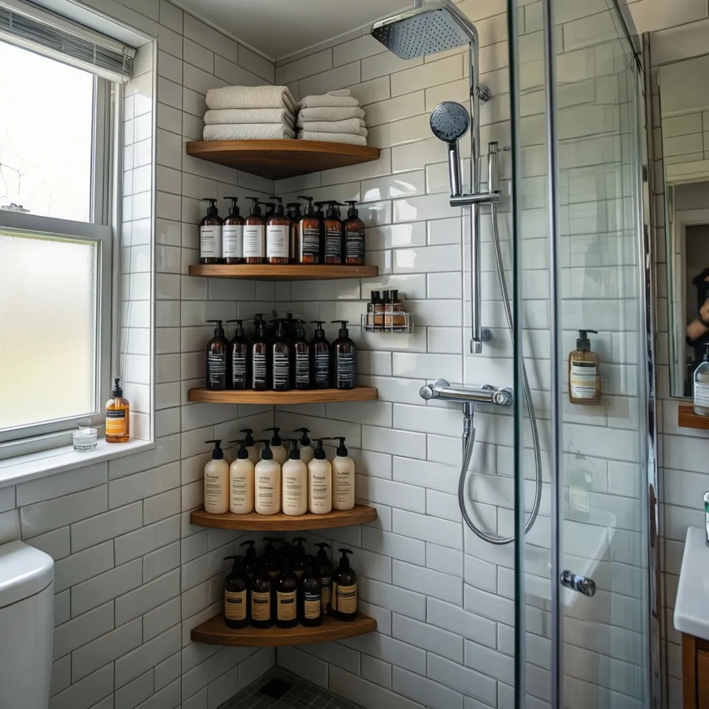 Vertical stacked shower shelves organizing shampoo, soap, and shower accessories