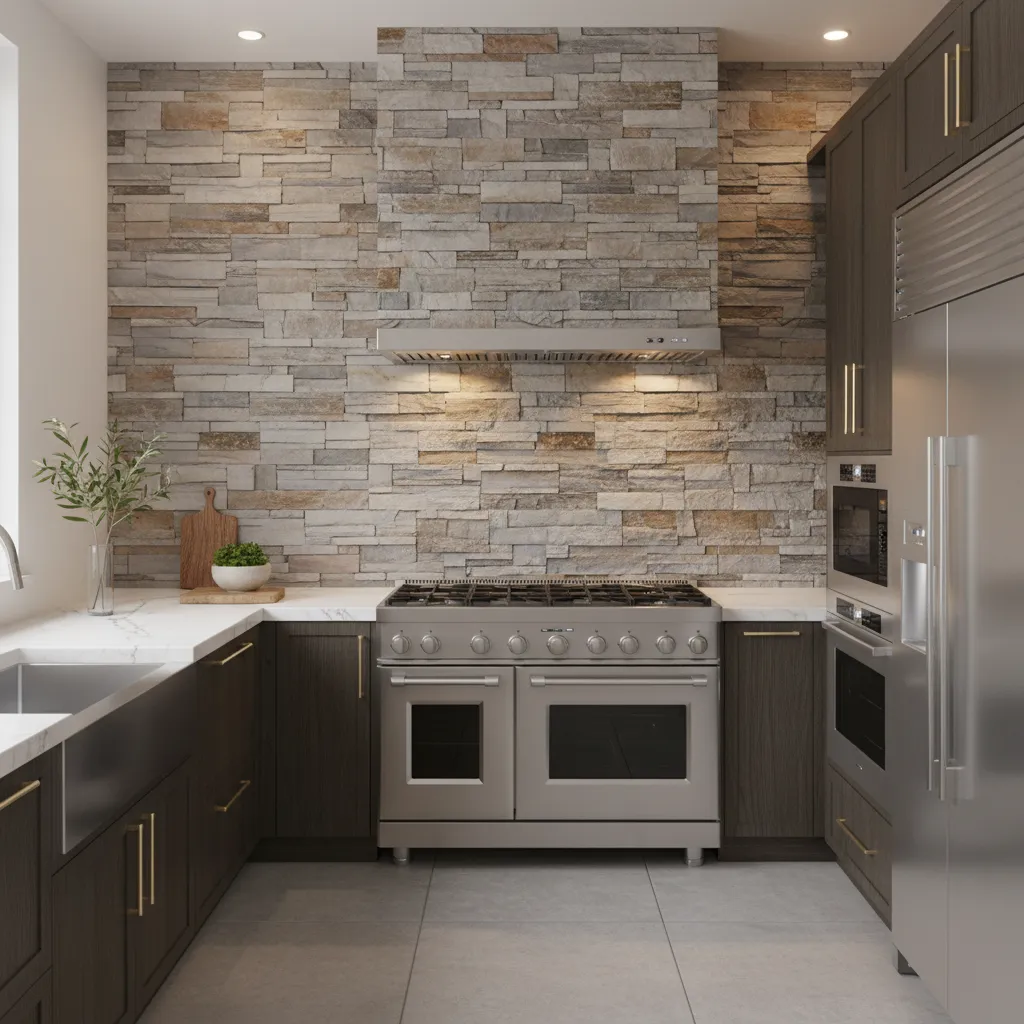 Textured stacked stone backsplash behind modern kitchen stove