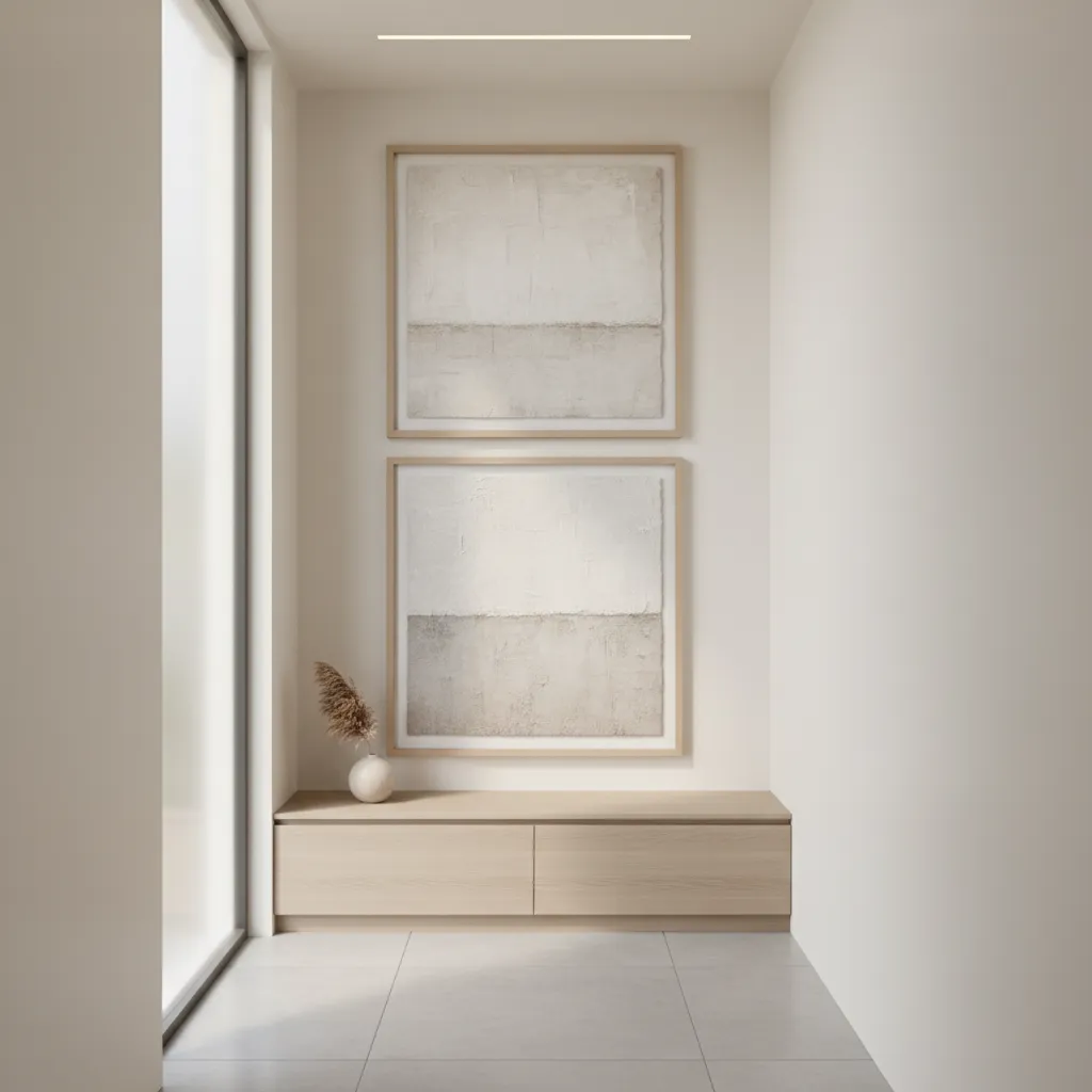 two large framed pictures stacked vertically on a narrow wall