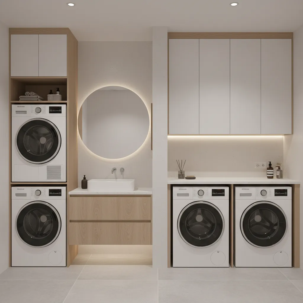 comparison of stacked washer dryer and side by side laundry layout in bathroom