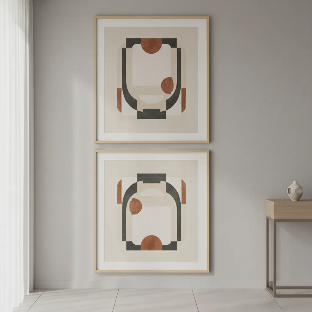 Two large framed pictures stacked vertically on a narrow wall