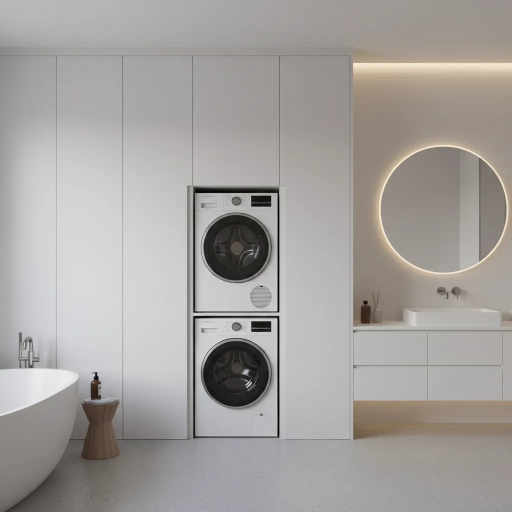 Stacked washer dryer hidden inside tall bathroom cabinet storage