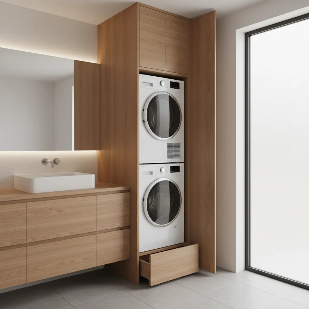 Stacked washer dryer integrated into bathroom cabinetry