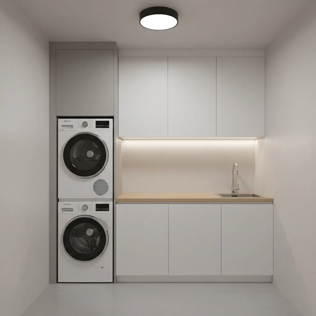 Stacked washer dryer with wall cabinets in a small garage laundry area