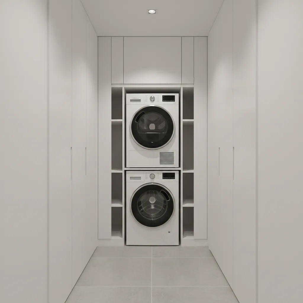 stacked washer dryer installed in narrow hallway closet