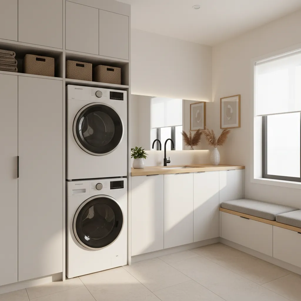 Stacked washer dryer in a small mudroom laundry room with storage cabinets