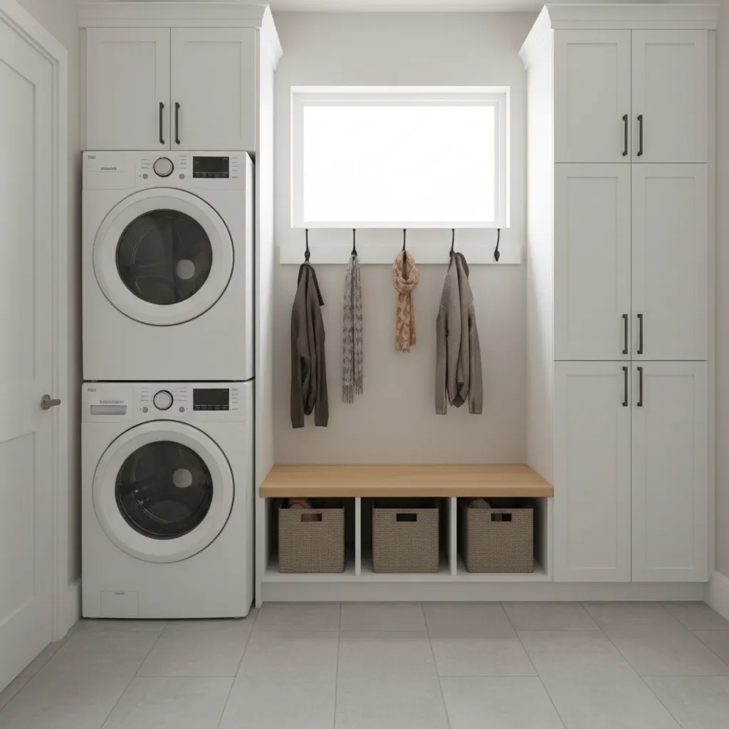 stacked washer dryer next to mudroom bench and vertical storage cabinets