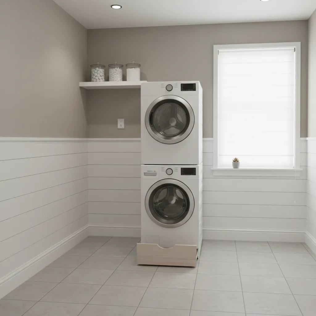 Stacked washer dryer installation showing recommended outlet height zone