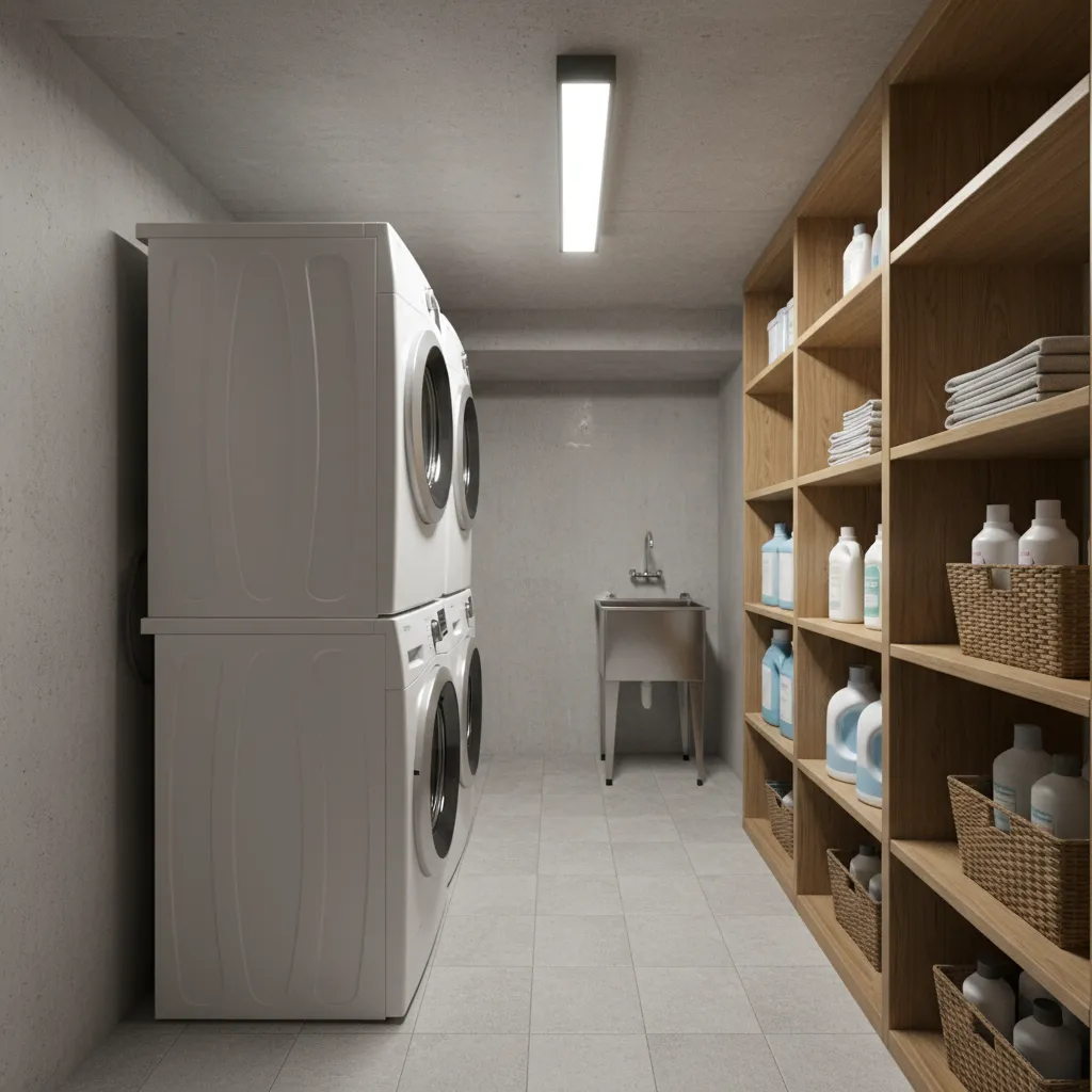 stacked washer and dryer in small basement laundry room