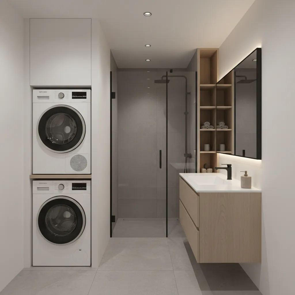 stacked washer dryer solution in narrow bathroom layout
