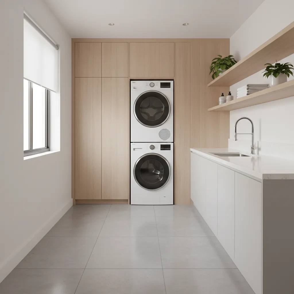 stacked washer dryer layout creating more floor space in small laundry room