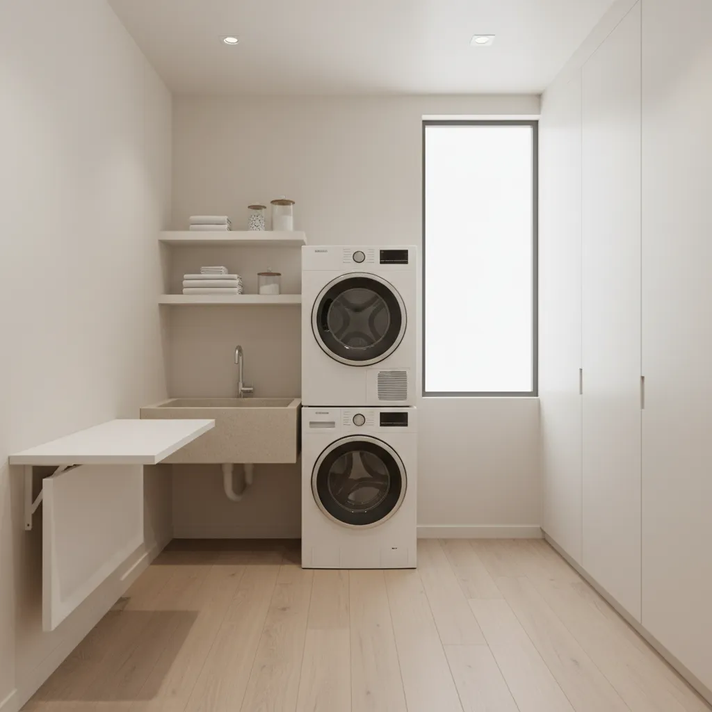 Stacked washer dryer freeing space in compact laundry room
