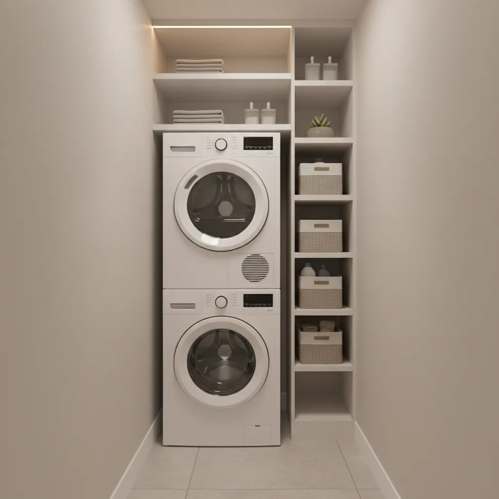 Stacked washer and dryer installed in a narrow laundry closet