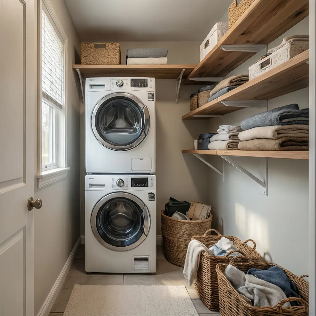 Stacked washer dryer in narrow laundry closet with shelves