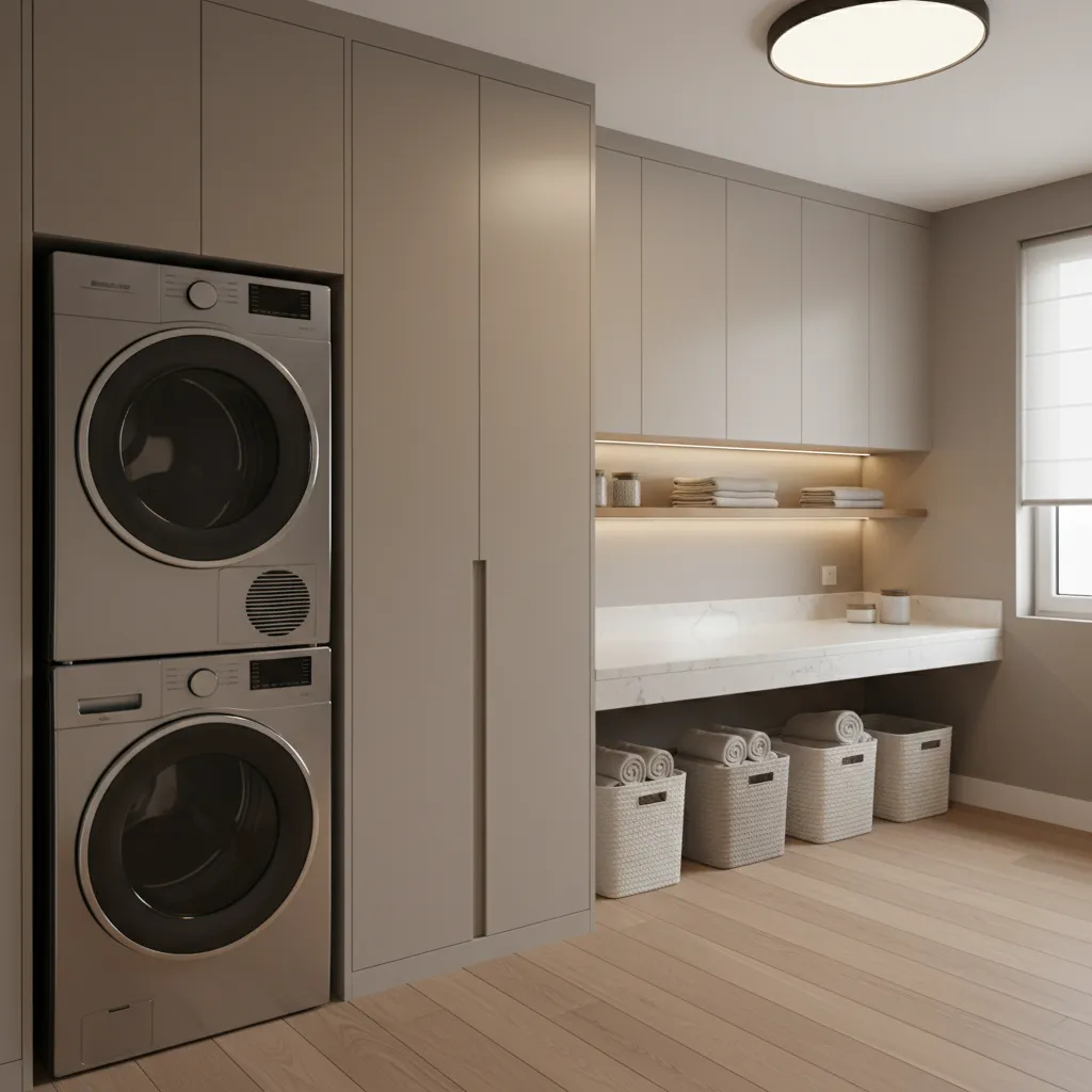 Stacked washer and dryer with tall storage cabinets and folding counter