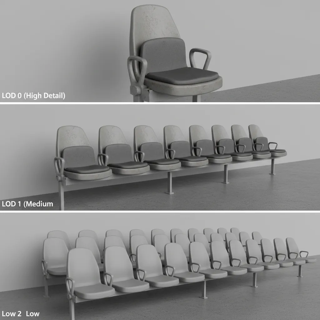 LOD levels for stadium seating and structures in a baseball field model