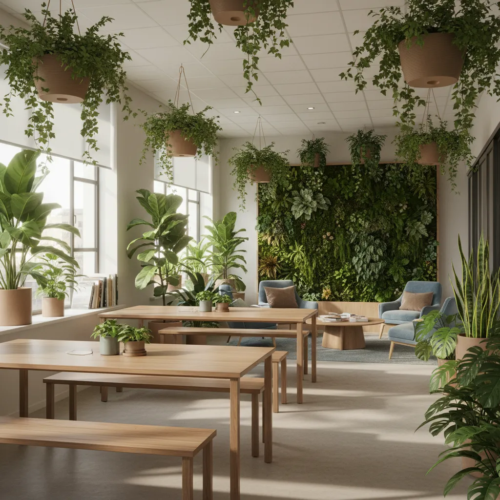 staff room with indoor plants and natural materials creating biophilic design