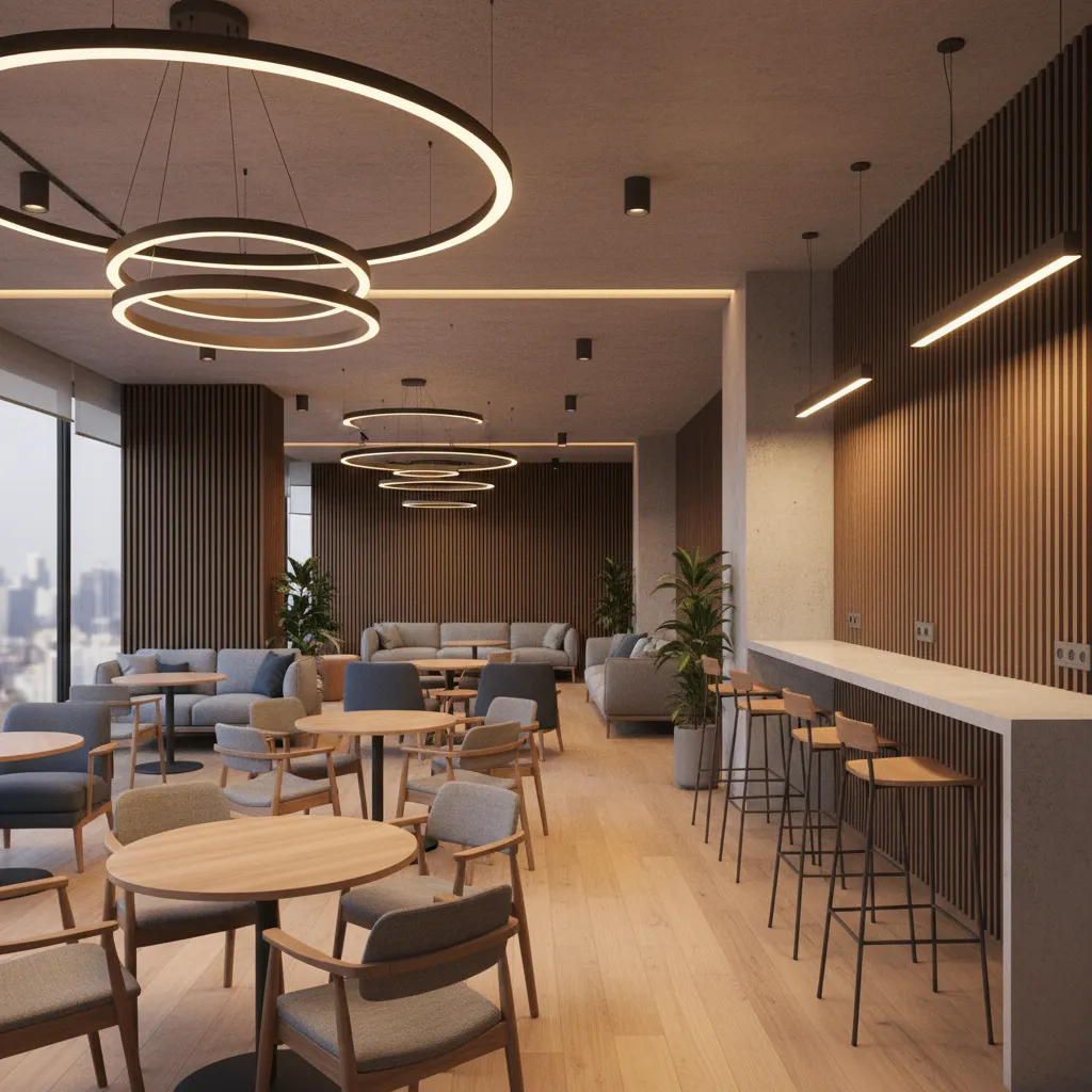 staff room with mixed seating including sofas café tables and lounge chairs