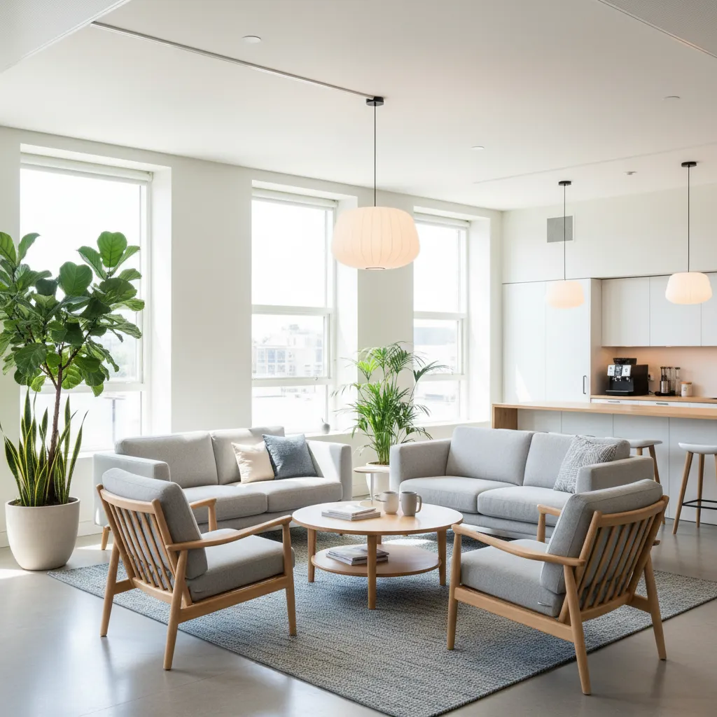 modern office staff room with comfortable seating and plants