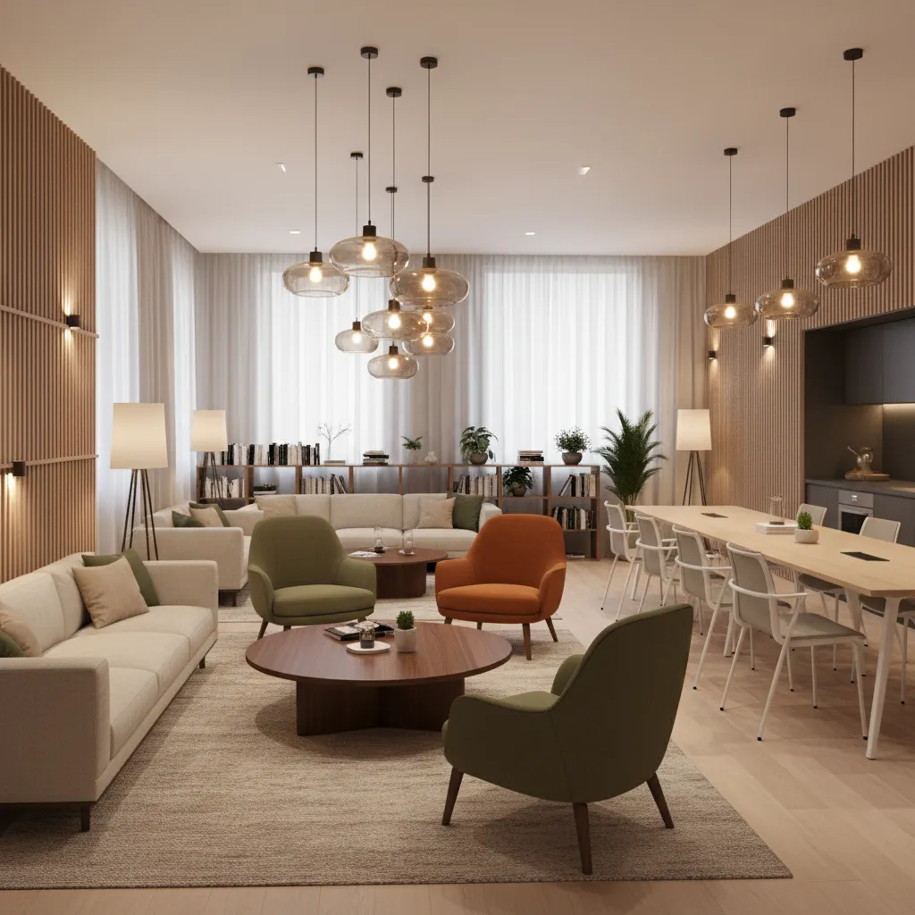 staff room with warm pendant lighting and cozy seating