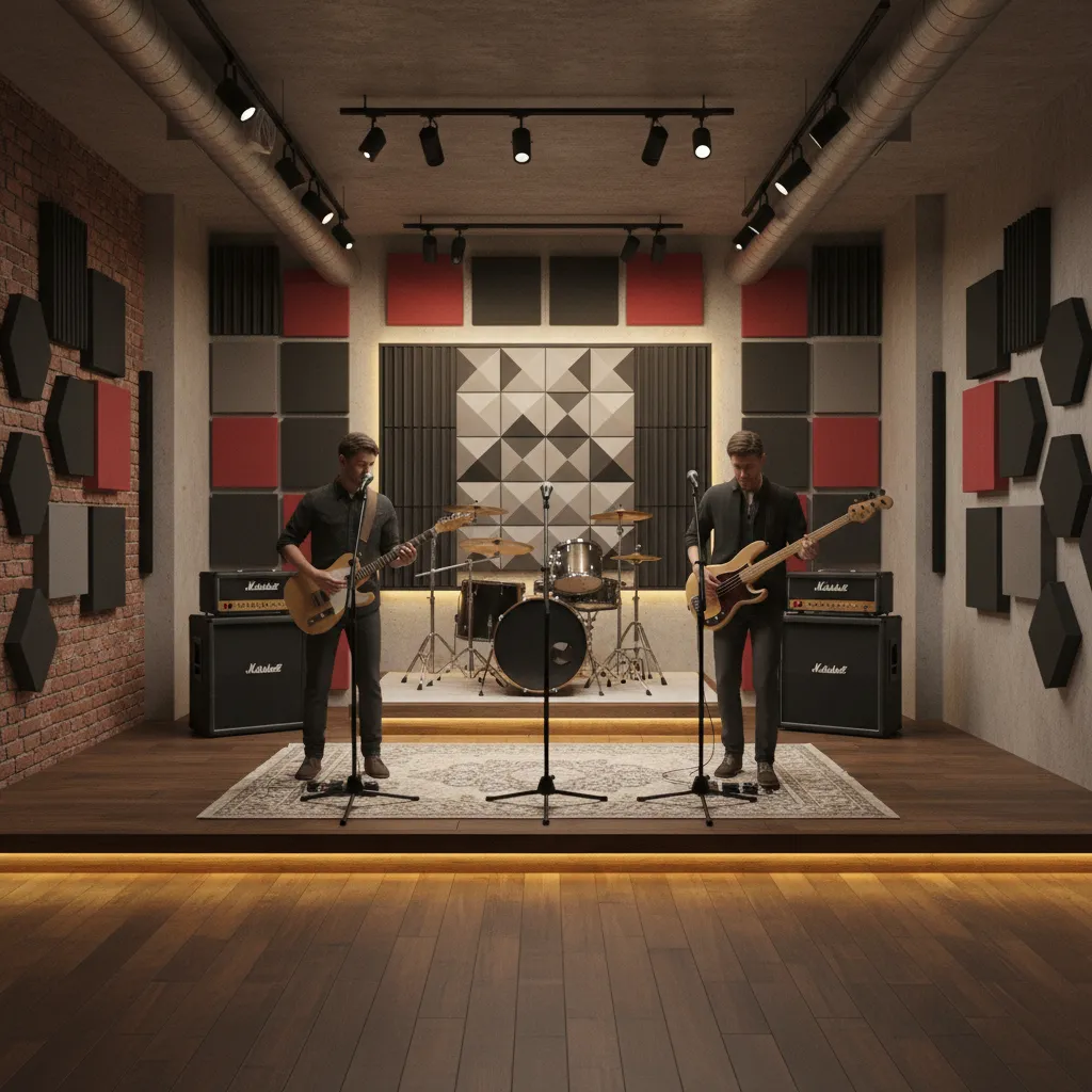 stage style rehearsal room layout with drums at the back and guitars at the front