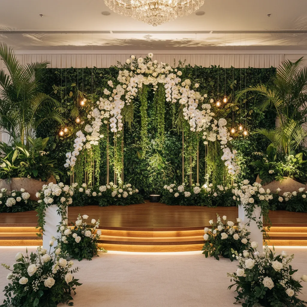 event stage decorated with plants and vertical floral arrangements