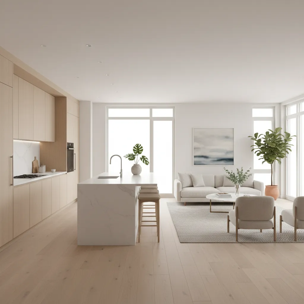 bright staged kitchen and living space prepared for home sale
