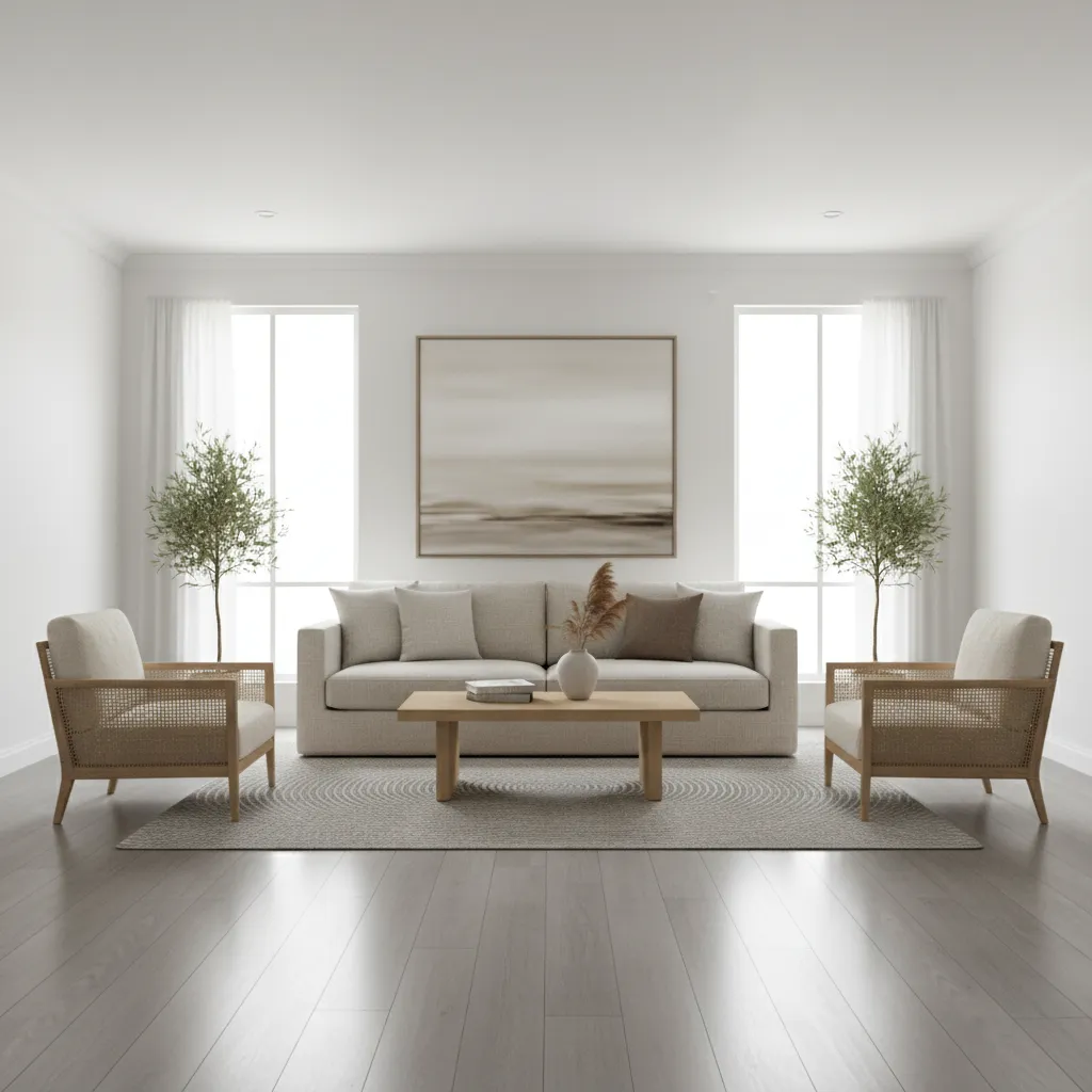 Real estate staged living room with grey floors and white walls