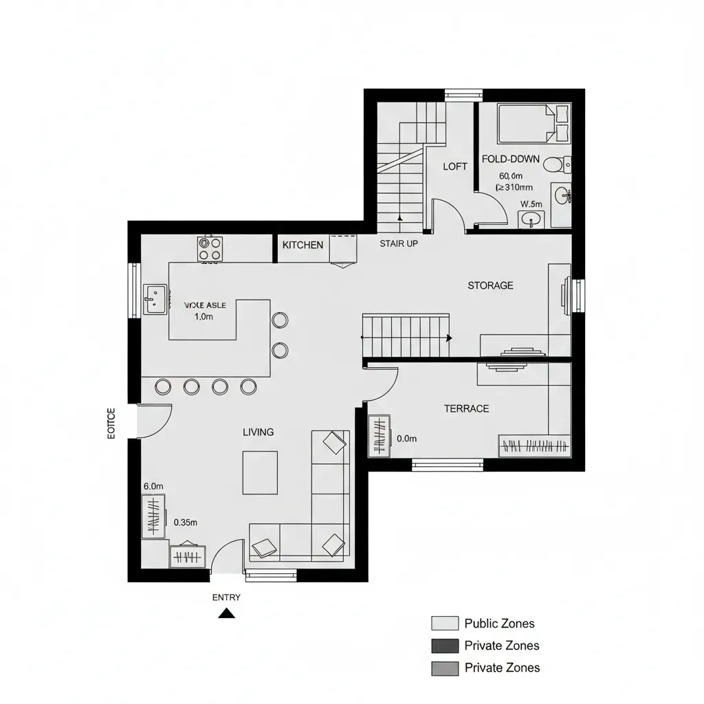 2D CAD top-down plan of a staggered L-shaped layout with terrace and upper flex loft