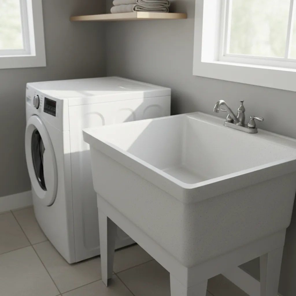 Ceramic laundry sink with visible detergent and mineral stains