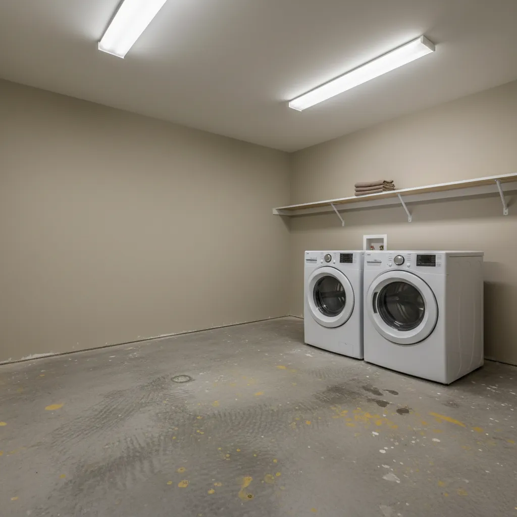 Old laundry room concrete floor with stains discoloration and patch repairs