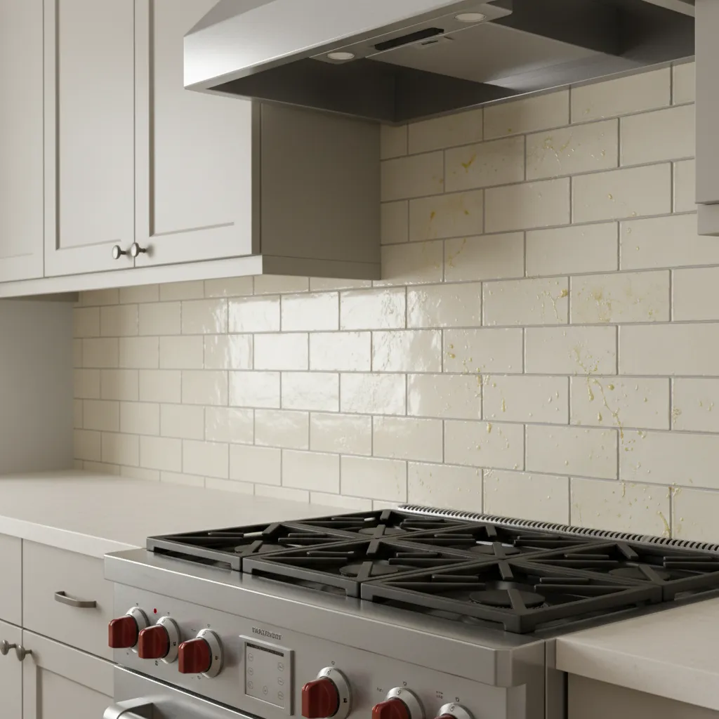 Kitchen backsplash tiles with visible grease stains near stove