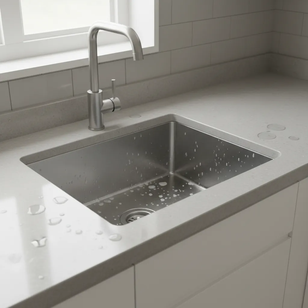 kitchen sink with visible mineral and food stains before cleaning