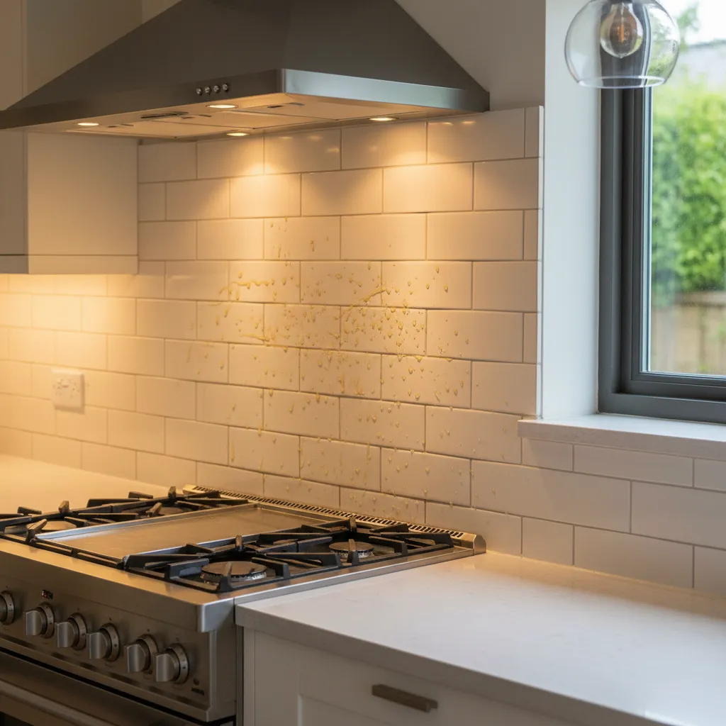 Kitchen backsplash tiles with visible cooking grease stains near stove