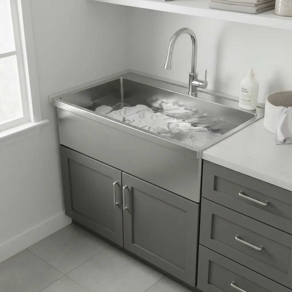 Large stainless steel laundry sink filled with water and white clothes next to grey cabinets