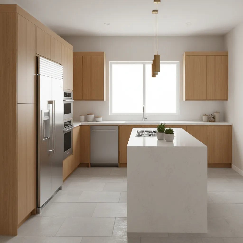 Modern kitchen featuring stainless steel refrigerator, oven, and dishwasher with warm cabinetry